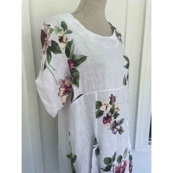 VANSA White Linen Floral Relaxed Langenlook Dress Made in Italy Petite Small - Picture 9 of 16
